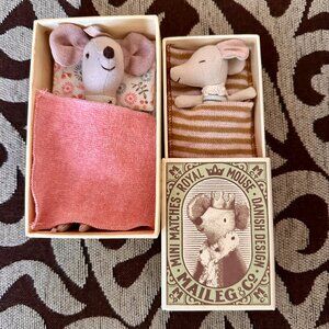 Maileg Big Sister and Sleepy Wakey Baby Boy Mouse in Boxes